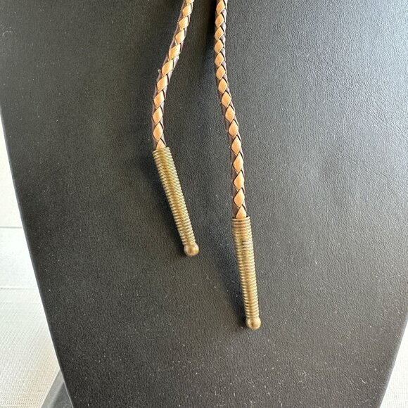 1960s–1970s Tooled Leather Saddle Bolo Tie, Western Bolo with Brass Tips - Picture 3 of 11